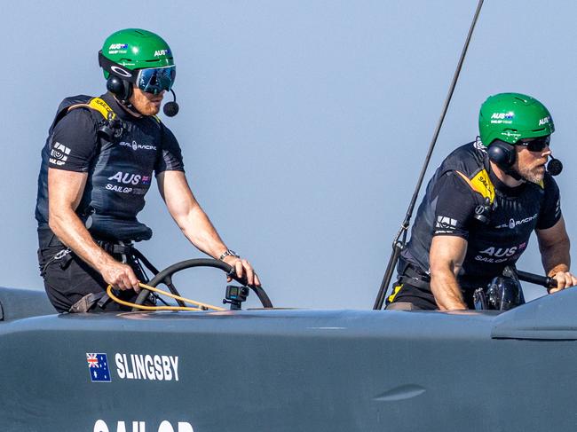 Australia SailGP Team helmed by Tom Slingsby in action on their way to winning fleet race four on Race Day 2 of the Mubadala Abu Dhabi Sail Grand Prix presented by Abu Dhabi Sports Council in Abu Dhabi, United Arab Emirates. 14th January 2024. Photo: Felix Diemer for SailGP. Handout image supplied by SailGP