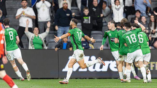 Marconi Stallions celebrating a goal in its 2024 grand final win over Rockdale Ilinden. Picture: Football NSW/Nielsen Images