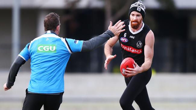 Tyson Goldsack in action at Collingwood training.