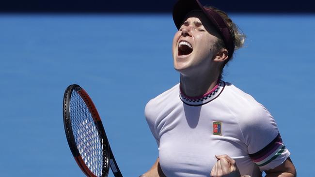 Ukraine's Elina Svitolina celebrates after defeating United States' Madison Keys during their fourth round match at the Australian Open tennis championships in Melbourne, Australia, Monday, Jan. 21, 2019. (AP Photo/Mark Schiefelbein)