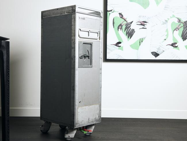 Joel’s authentic Qantas drinks trolley, which is still fully stocked. Picture: Eugene Hyland