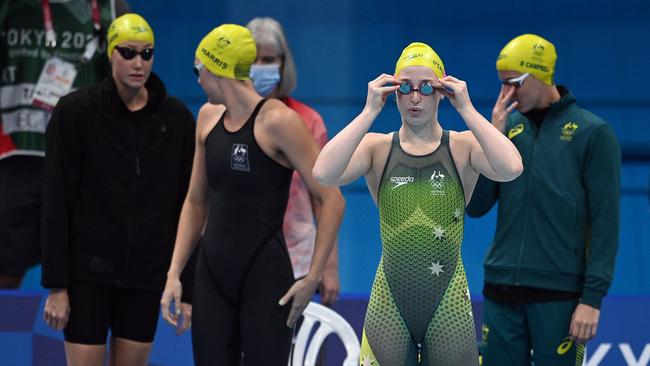 Australia’s Mollie O'Callaghan and teammates prepare to compete in a heat for the women's 4x100m freestyle relay. Picture: AFP