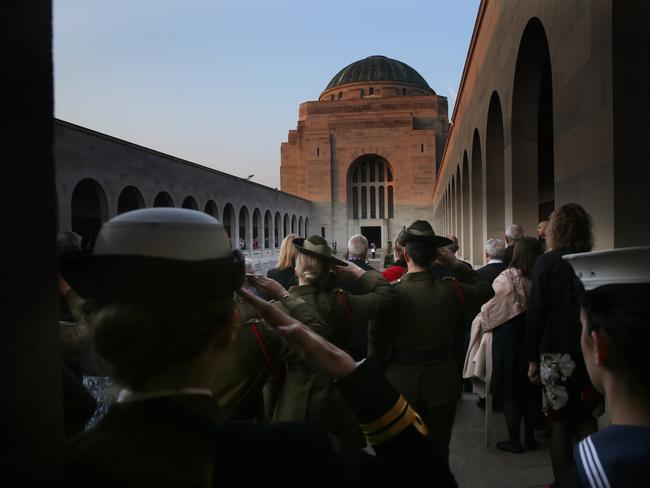 The Prime Minister Scott Morrison with the Opposition Leader Bill Shorten attended a Last Post Ceremony at The Australian War Memorial in Canberra. Picture: Gary Ramage