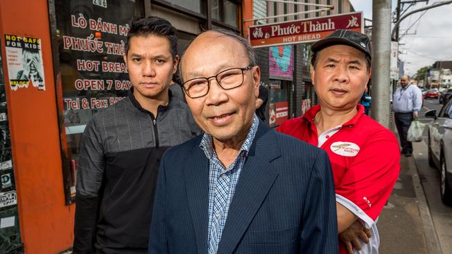 Danny Lee from Pho Dzung Tan Dinh, former president of Victoria Street traders association Toan Pham from Thanh Nga Video and Danny Nguyen from Phouc Thanh Bakery. Picture: Jake Nowakowski