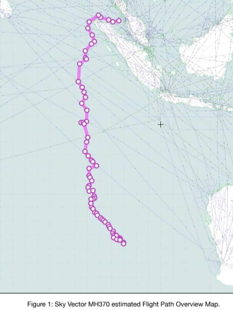 Estimated MH370 flight path, with the island of Sumatra in the top right. Picture: Supplied