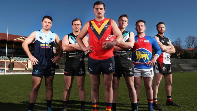 L-R Jack Gleeson Lindisfarne, Lachy Watt Cygnet, Cambell (Cambell) Hooker Dodges Ferry, Rhys Jennings Cygnet, Tristan Barnett Huonville, Jacob Wigg New Norfolk. SFL launch of the finals series. Picture: Nikki Davis-Jones