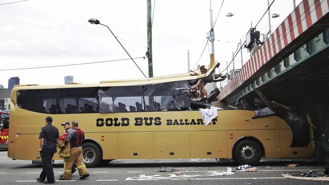 The bus crashed into the bridge around 10.20am on February 22, 2016. Picture: Hamish Blair