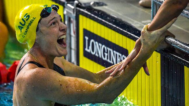 Cate Campbell celebrates after swimming the final leg of Australia’s world record-setting women’s 4x100m freestyle relay. Photo: AFP