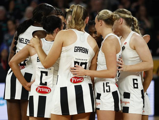 MELBOURNE, AUSTRALIA - JUNE 12: The Magpies huddle after the round 13 Super Netball match between Melbourne Vixens and Collingwood Magpies at John Cain Arena, on June 12, 2023, in Melbourne, Australia. (Photo by Daniel Pockett/Getty Images)