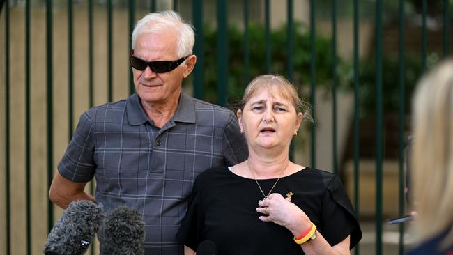 Victor White, husband and Cindy Micallef outside Parliament House on Thursday. Picture: Dan Peled / NCA NewsWire