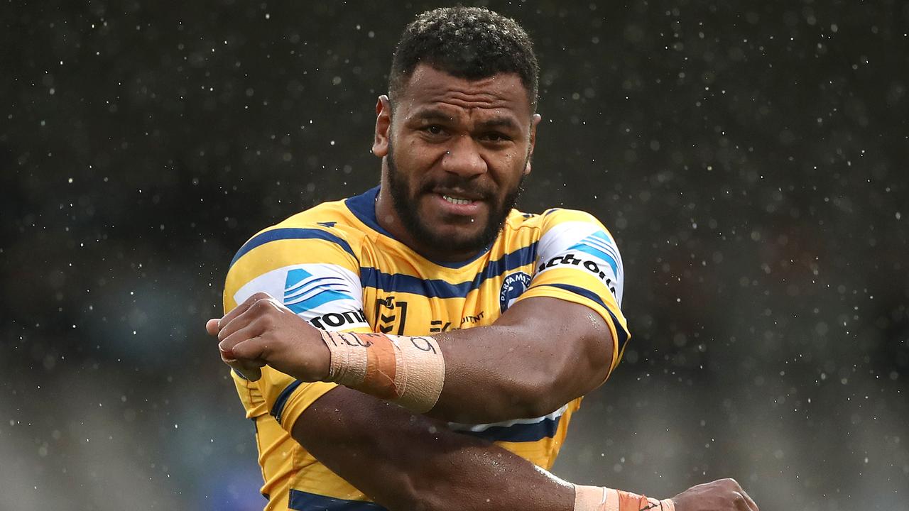 SYDNEY, AUSTRALIA - AUGUST 09: Maika Sivo of the Eels warms up during the round 13 NRL match between the Cronulla Sharks and the Parramatta Eels at Netstrata Jubilee Stadium on August 09, 2020 in Sydney, Australia. (Photo by Cameron Spencer/Getty Images)