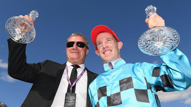 Darren Weir and John Allen were all smiles after winning their first Victoria Derby with Extra Brut. Picture: Getty Images