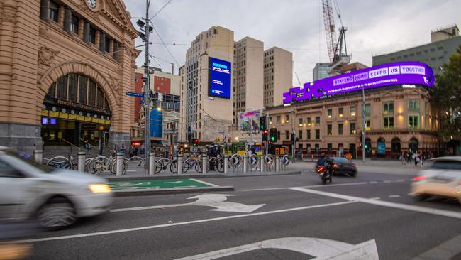 New turning and pedestrian crossing restrictions in Melbourne's CBD in front of Flinders Street Station. Picture: Jason Edwards