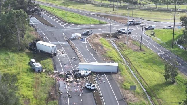 An aerial view of the site of the triple fatal at the intersection of Walker St and the Bruce Highway in Maryborough.