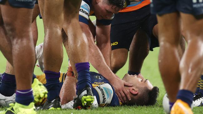 Matterson was left on the ground after an ugly tackle from Melbourne’s Felise Kaufusi. Picture: Getty Images.