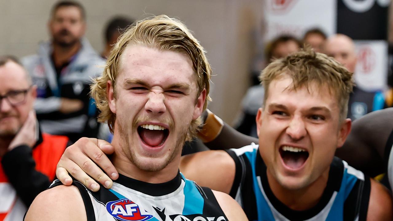 Jason Horne-Francis singing the team song. (Photo by Dylan Burns/AFL Photos via Getty Images)