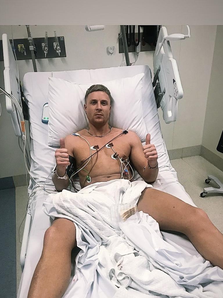 Former Bachelorette contestant Paddy Colliar in hospital after the alleged stabbing. Picture: Instagram