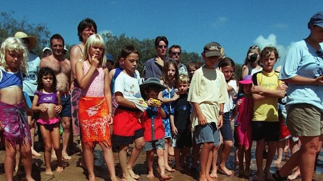 Locals gather to watch a turtle with a satellite tracking device heading for the sea at Mon Repos, Bundaberg, on January 7, 1999.