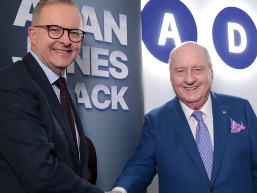 Grace Tame has slammed Anthony Albanese’s decision to do an interview with media personality Alan Jones. The Labor leader tweeted that he had done a prerecord interview with Jones on Monday afternoon. “Good to chat with Alan Jones today in his new Sydney studios,” he wrote, beside a photo of the pair shaking hands. Picture: Twitter,