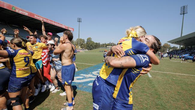 Bond University players celebrate winning the Premier Women’s Rugby Grand Final against Easts at Ballymore on Sunday. Picture Lachie Millard