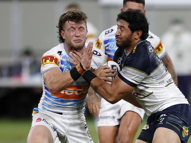 Jai Arrow clashes with Jason Taumalolo. Picture: AAP/Cameron Laird