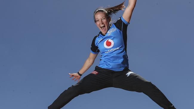 Strikers player Megan Schutt, having some fun on the BOUNCE airbags and trampolines that will be set up at Karen Rolton Oval for this weekends matches. Picture: Sarah Reed