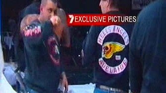 Rival bikie gang members from Hell's Angels and Finks involved in brawl fight at kickboxing VAS Xplosion tournament at Royal Pines on the Gold Coast. (Pic: Channel 7) Picture: Supplied