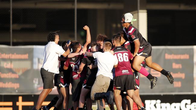 Marsden State High celebrate their win during the Walters Cup Grand Final. Picture: Josh Woning