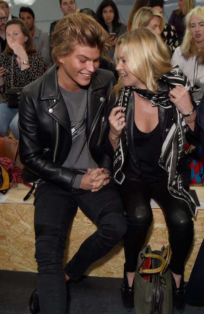 Kate Moss, right, with her Australian client and friend, Jordan Barrett, in 2016. Picture: Getty Images