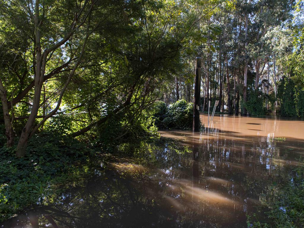 Roads were submerged under floodwater from the swollen Hawkesbury River, in Windsor west of Sydney. Picture: NewsWire / Flavio Brancaleone