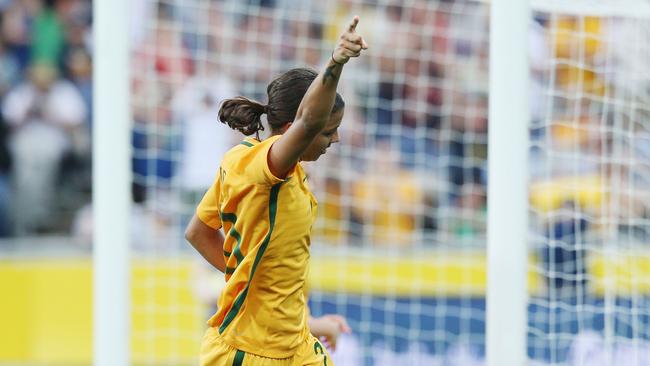 Sam Kerr celebrates a goal for the Matildas against China.