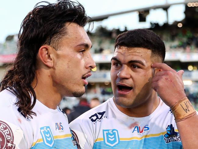 Tino Fa'asuamaleaui and David Fifita after the Round 18 Canberra Raiders v Gold Coast Titans game in 2023. Picture: NRL Images