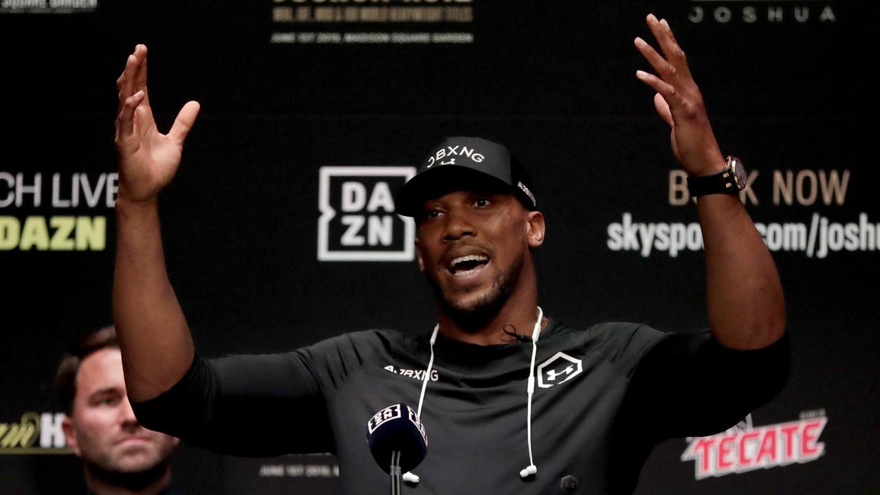 Anthony Joshua speaks during a press conference ahead of his heavyweight bout against Andy Ruiz Jr.