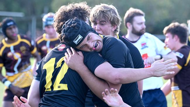 St Laurence's College celebrate AIC First XV rugby grand final between St Laurence's College and Padua COllege. Saturday June 8, 2024. Picture, John Gass