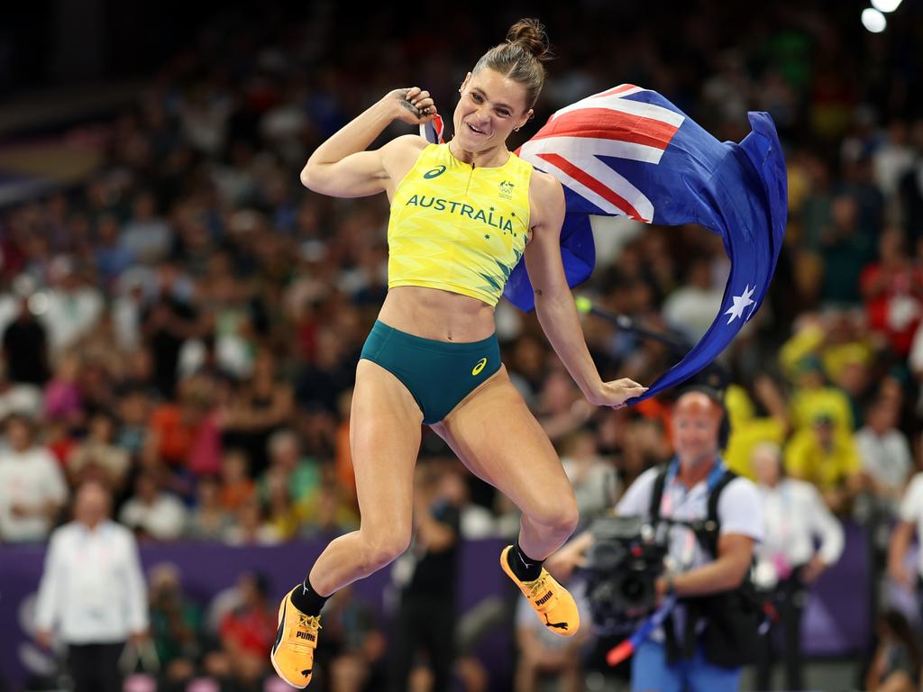 After a shaky start, Nina Kennedy cemented Australia’s gold rush on Day 12 with her win in the women’s pole vault final. Picture: Cameron Spencer/Getty Images