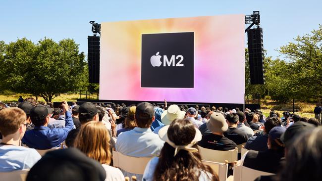 Apple unveils its M2 processor during its 2022 Worldwide Developers Conference at Apple Park.