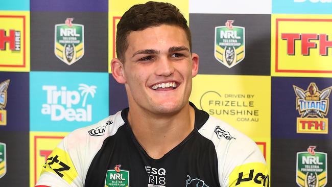 Nathan Cleary was happy to answer questions despite the storm swirling around his club and his father’s future. Picture: Chris Hyde/Getty Images