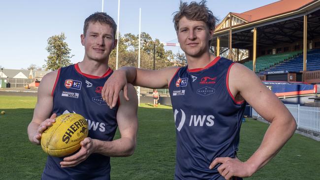 September 3, 2024: Norwood key forwards Izaak Twelftree and Finn Heard together at Norwood Oval, Picture: Kelly Barnes