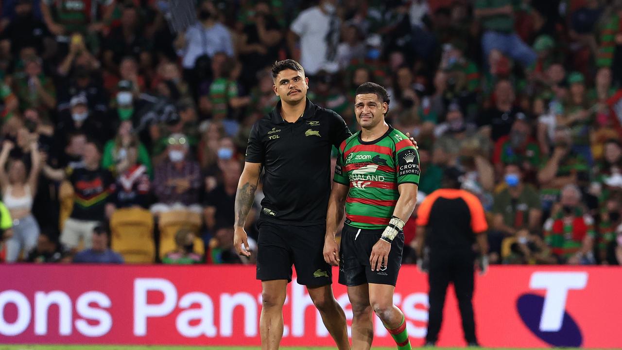 Latrell Mitchell consoles Cody Walker after the 2021 NRL Grand Final between the Penrith Panthers and Souths Sydney Rabbitohs at Suncorp Stadium in Brisbane. Pics Adam Head