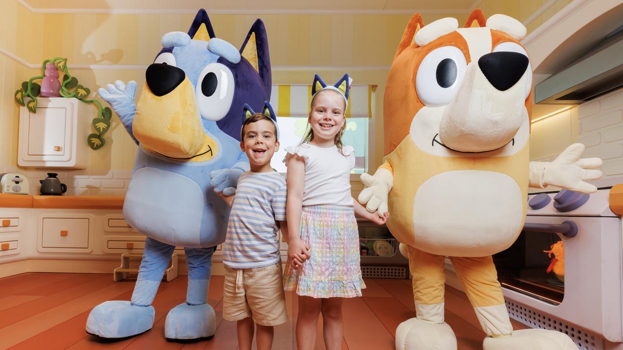 Siblings Samuel, 6, and Ava Wallis, 8, get a sneak preview in the kitchen of Blueys World at Northshore Pavilion at Hamilton. Picture Lachie Millard