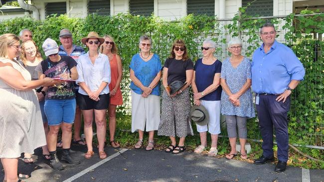 Clarence MP Richie Williamson (right) with Emma Crethar and the community outside Broadwater Public School in March 2024. Picture: supplied