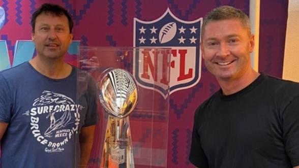 Michael Clarke (R) alongside co-host Laurie Daley and the Super Bowl trophy. Picture: Instagram