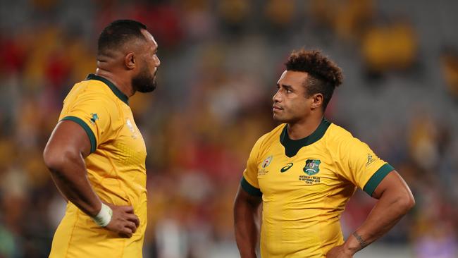 CHOFU, JAPAN - SEPTEMBER 29: Sekope Kepu and Will Genia of Australia speak following the Rugby World Cup 2019 Group D game between Australia and Wales at Tokyo Stadium on September 29, 2019 in Chofu, Tokyo, Japan. (Photo by Dan Mullan/Getty Images)