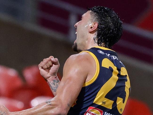 GOLD COAST, AUSTRALIA - MARCH 09: Izak Rankine of the Crows celebrates a goal during the 2024 AFL Round 01 match between the Gold Coast SUNS and the Adelaide Crows at People First Stadium on March 16, 2024 in Gold Coast, Australia. (Photo by Russell Freeman/AFL Photos via Getty Images)