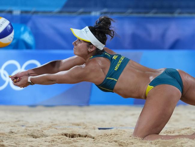 Mariafe Artacho del Solar of Australia competes during the women's preliminary match of beach volleyball between Mariafe Artacho del Solar/Taliqua Clancy of Australia and Marta Menegatti/Viktoria Orsi Toth of Italy at Tokyo 2020 Olympic Games in Tokyo, Japan, July 28, 2021. (Photo by Li Ga/Xinhua via Getty Images)