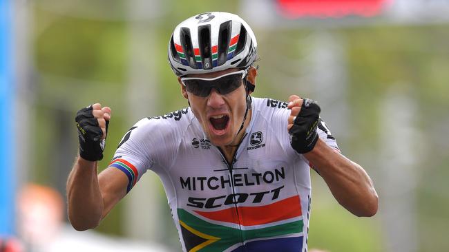 CAMPBELLTOWN, AUSTRALIA - JANUARY 18: Arrival / Daryl Impey of South Africa and Team Mitchelton-Scott / Celebration / during the 21st Santos Tour Down Under 2019, Stage 4 a 129,2km stage from Unley to Campbelltown / TDU / on January 18, 2019 in Campbelltown, Australia. (Photo by Tim de Waele/Getty Images)