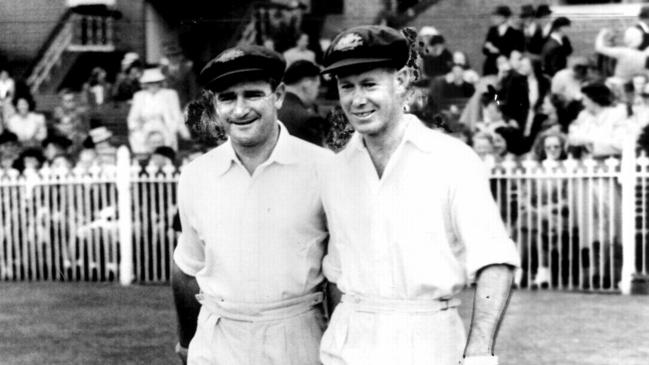 Cricketer Sid Barnes, left, opening batsman with Bill Brown in 1948. Brown adored the batting style of Martin Love.