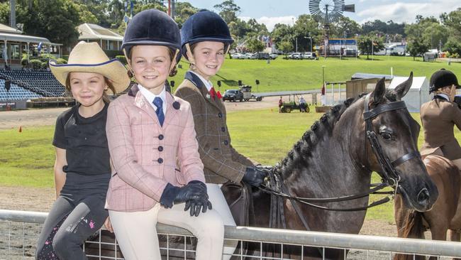 (from left) Bonnie, Olivia and Annabelle Gill on KG Imalittlerockstar. Toowoomba Royal Show. Picture: Nev Madsen