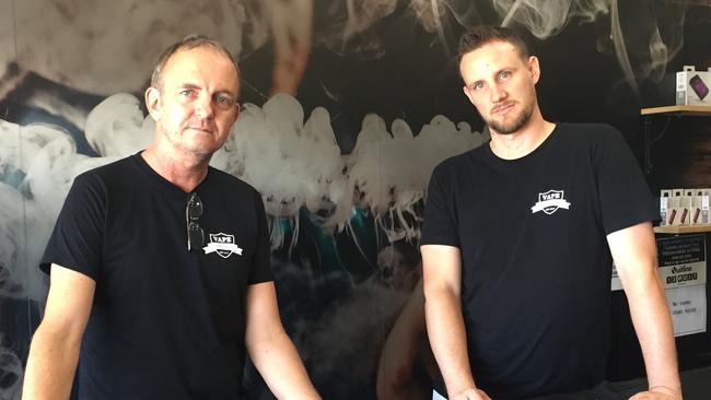 Vape Haven owners Karsten Kobbing and Octavian Voegele at their Broadbeach shop, which could be impacted by a proposed high-rise in the area. Photo: Talisa Eley