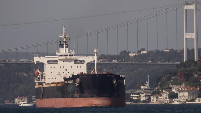 The Marshall Islands-flagged Star Helena that left the Ukrainian port of Chornomorsk with a cargo of grain, transits the Bosphorus strait in Istanbul, Turkey. Picture: Getty Images